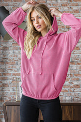 Ribbed Long Sleeve Hoodie with Kangaroo Pocket Heimish Hot Pink S